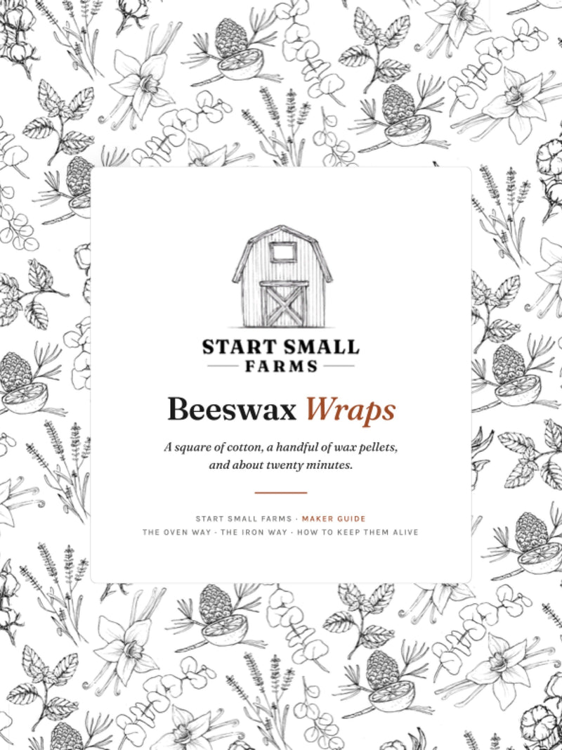 Cover of Beeswax Wraps, a free Start Small Farms maker guide, with the sketched barn logo on a white card over a black-and-white botanical pattern