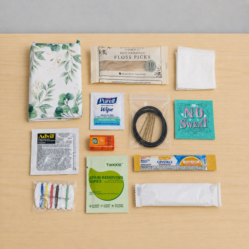 An essentials or emergency kit with various personal care items arranged neatly on a light wood surface.