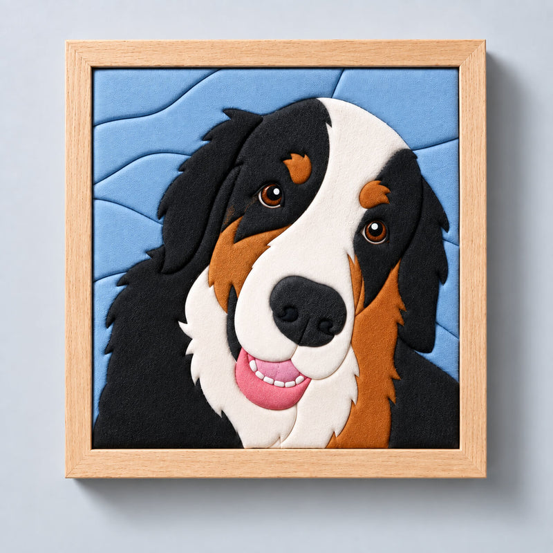 A custom kinusaiga pet portrait in a natural wood shadowbox. A Bernese mountain dog's face is built entirely from tucked fabric in black, cream and rust, against a pale blue background of overlapping fabric bands. The frame hangs on a soft gray wall.