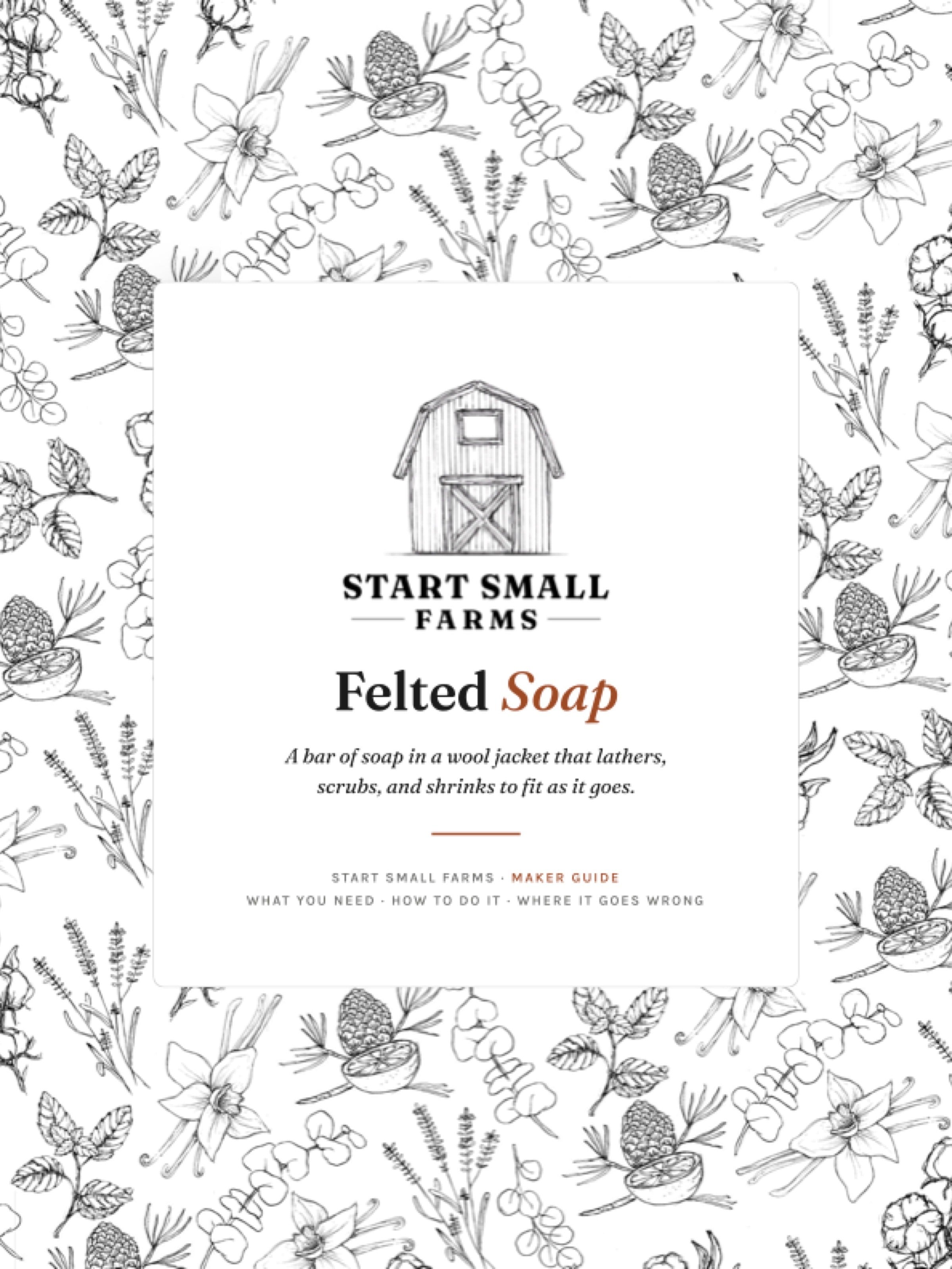Cover of Felted Soap, a free Start Small Farms maker guide, with the sketched barn logo on a white card over a black-and-white botanical pattern