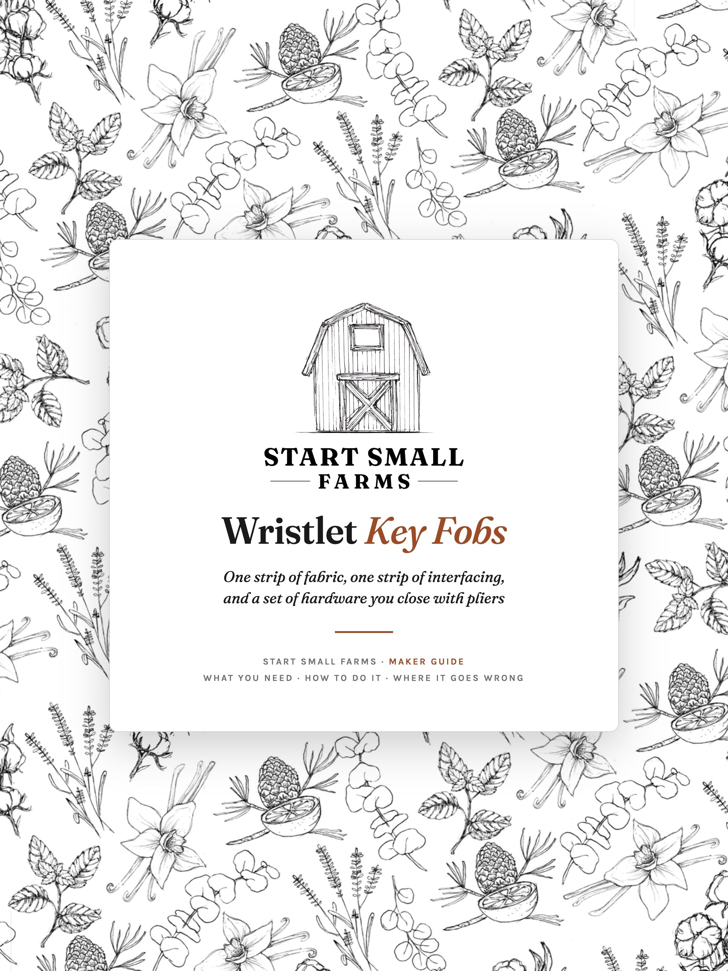 Cover of Wristlet Key Fobs, a free Start Small Farms maker guide, with the sketched barn logo on a white card over a black-and-white botanical pattern
