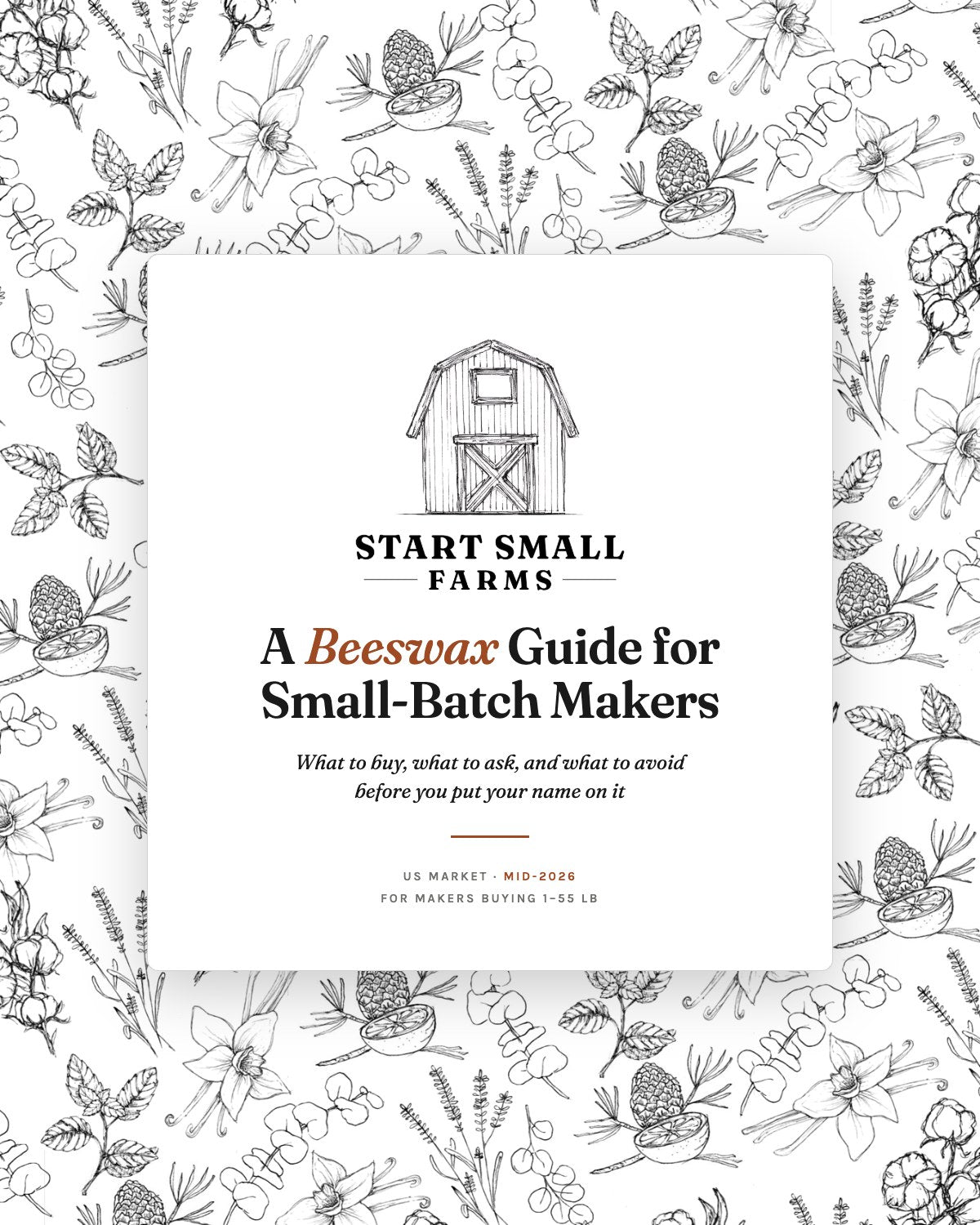 Cover of The Small-Batch Maker's Beeswax Guide by Start Small Farms, a sketched barn logo on a white label over a botanical paper pattern.
