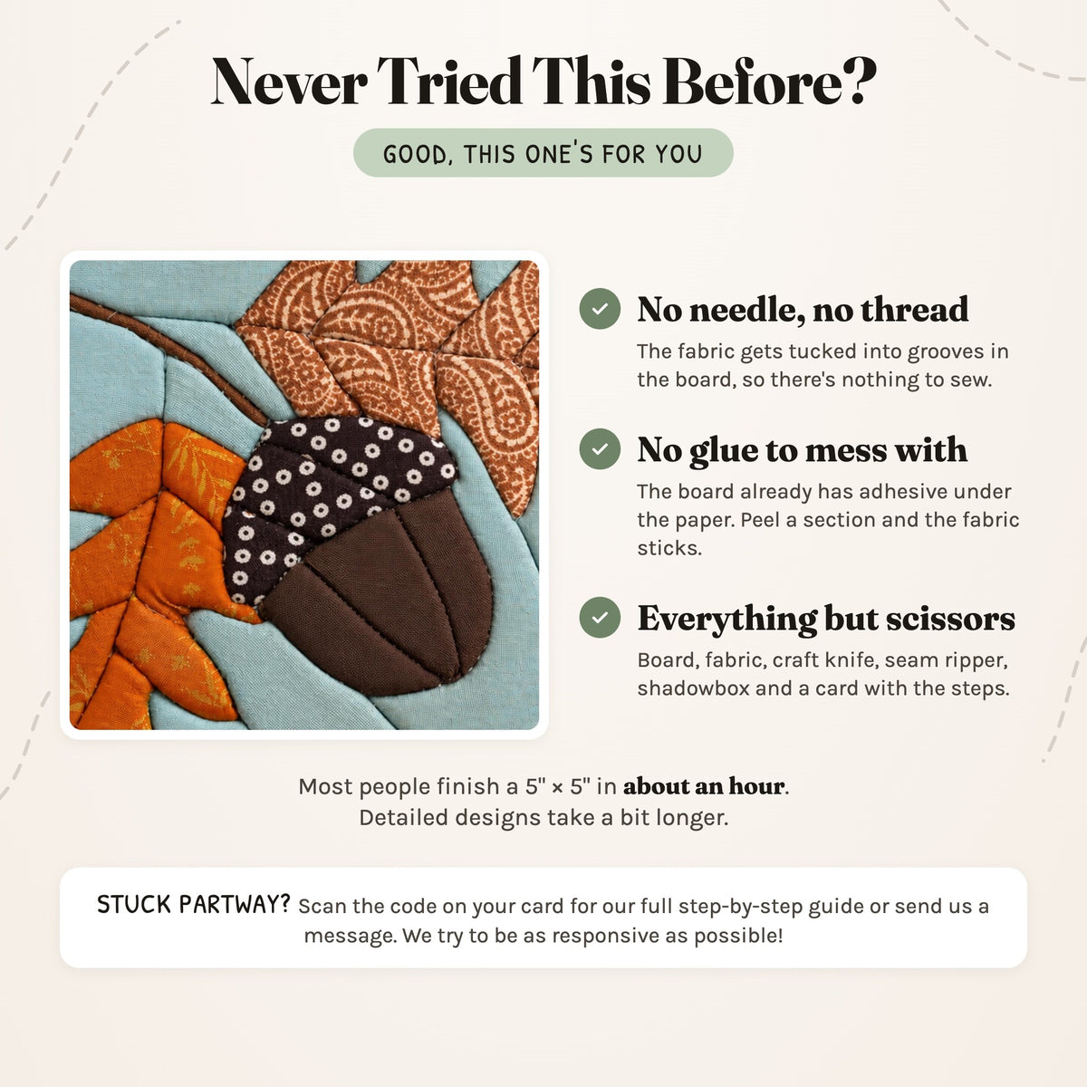 Never tried this before? A close-up of the finished Acorn & Leaves piece next to three reassurances: no needle or thread, no glue, and everything but scissors is in the box. Most people finish a 5 inch kit in about an hour.