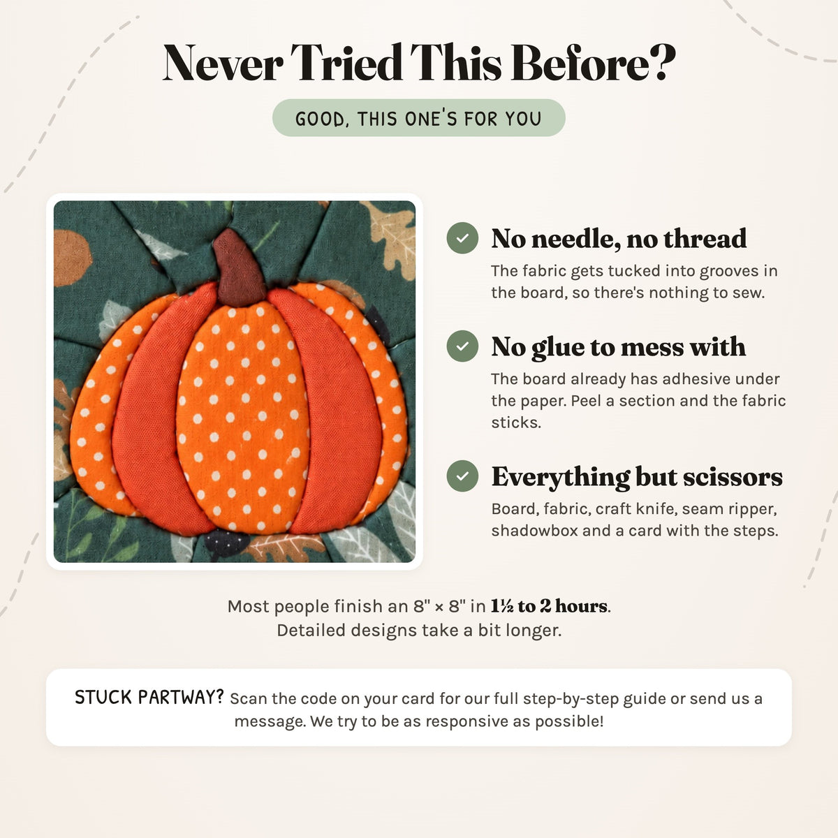 Never tried this before? A close-up of the finished Pumpkin piece next to three reassurances: no needle or thread, no glue, and everything but scissors is in the box. Most people finish an 8 inch kit in 1½ to 2 hours.