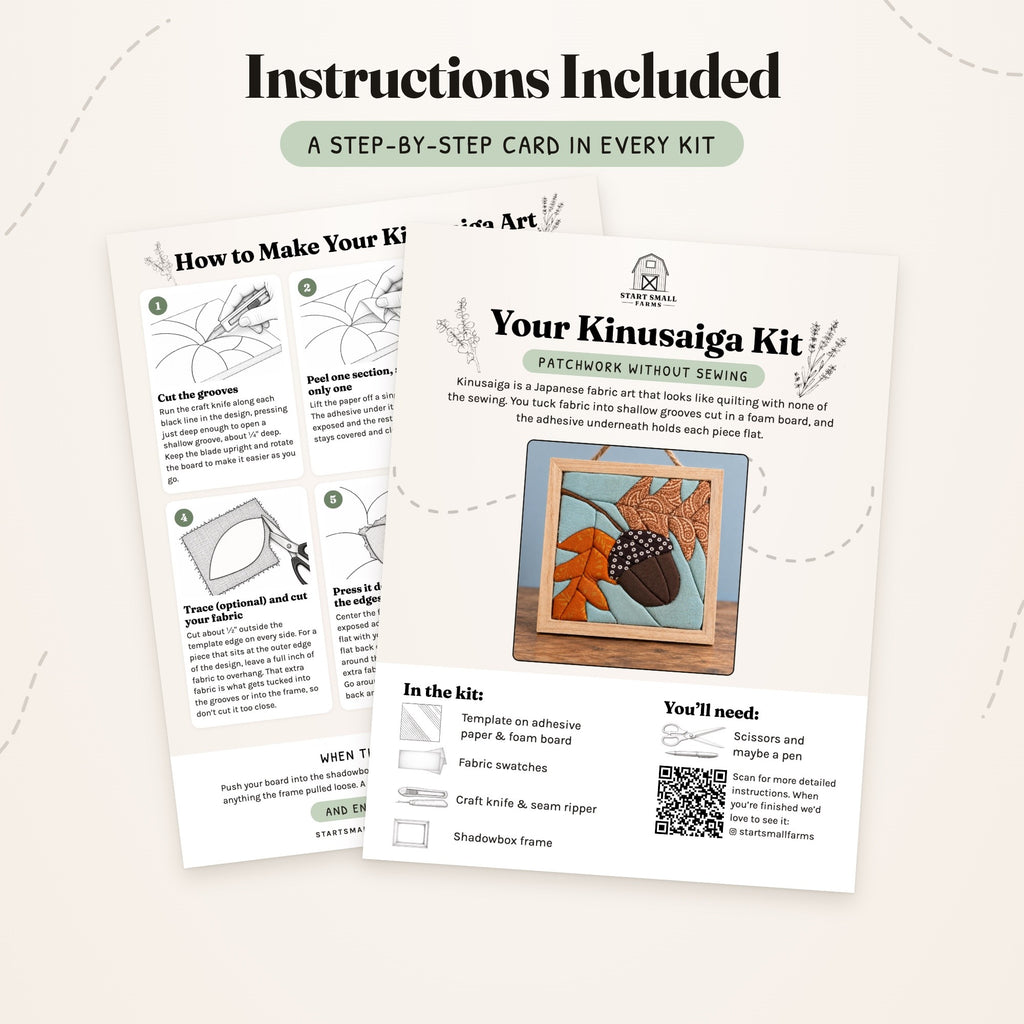 The step-by-step card that comes with the Acorn & Leaves kit, front and back: what's in the kit, what you'll need, and six illustrated steps.