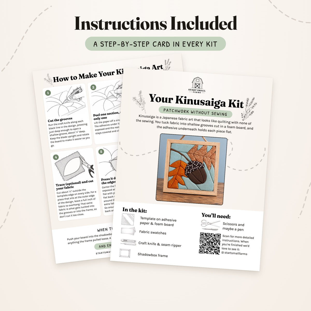 The step-by-step card that comes with the Acorn & Leaves kit, front and back: what's in the kit, what you'll need, and six illustrated steps.