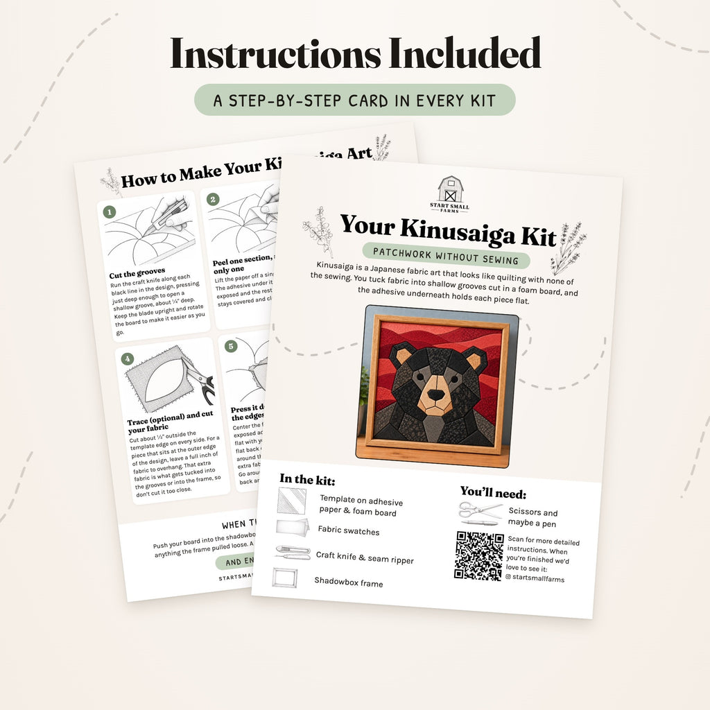 The step-by-step card that comes with the Chunky Black Bear kit, front and back: what's in the kit, what you'll need, and six illustrated steps.