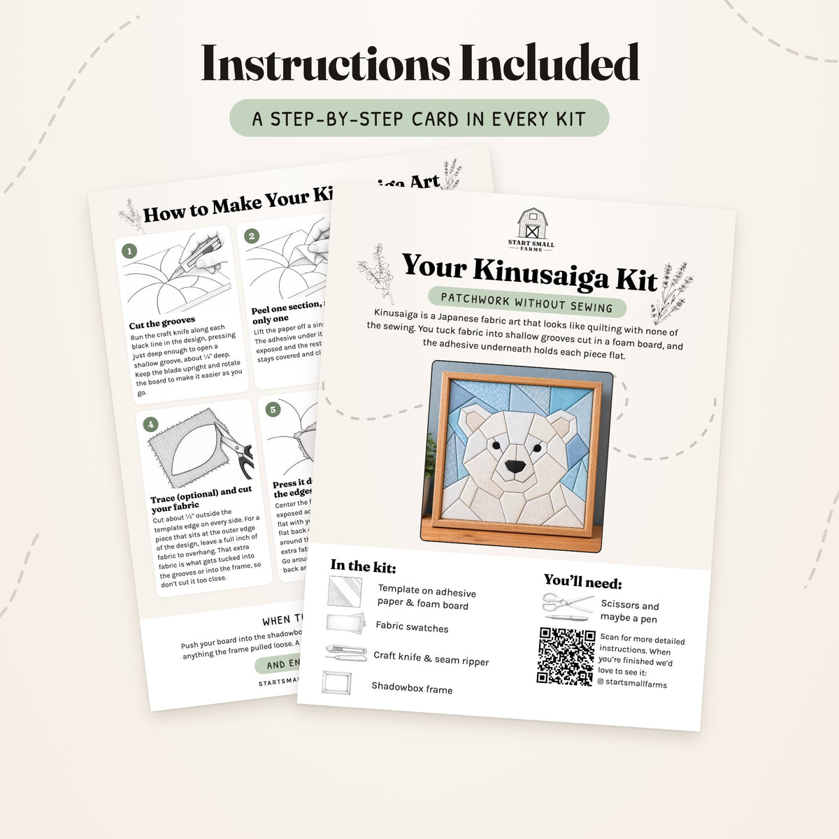 The step-by-step card that comes with the Chunky Polar Bear kit, front and back: what's in the kit, what you'll need, and six illustrated steps.