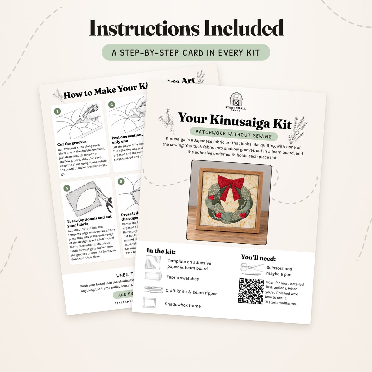 The step-by-step card that comes with the Holiday Wreath kit, front and back: what's in the kit, what you'll need, and six illustrated steps.