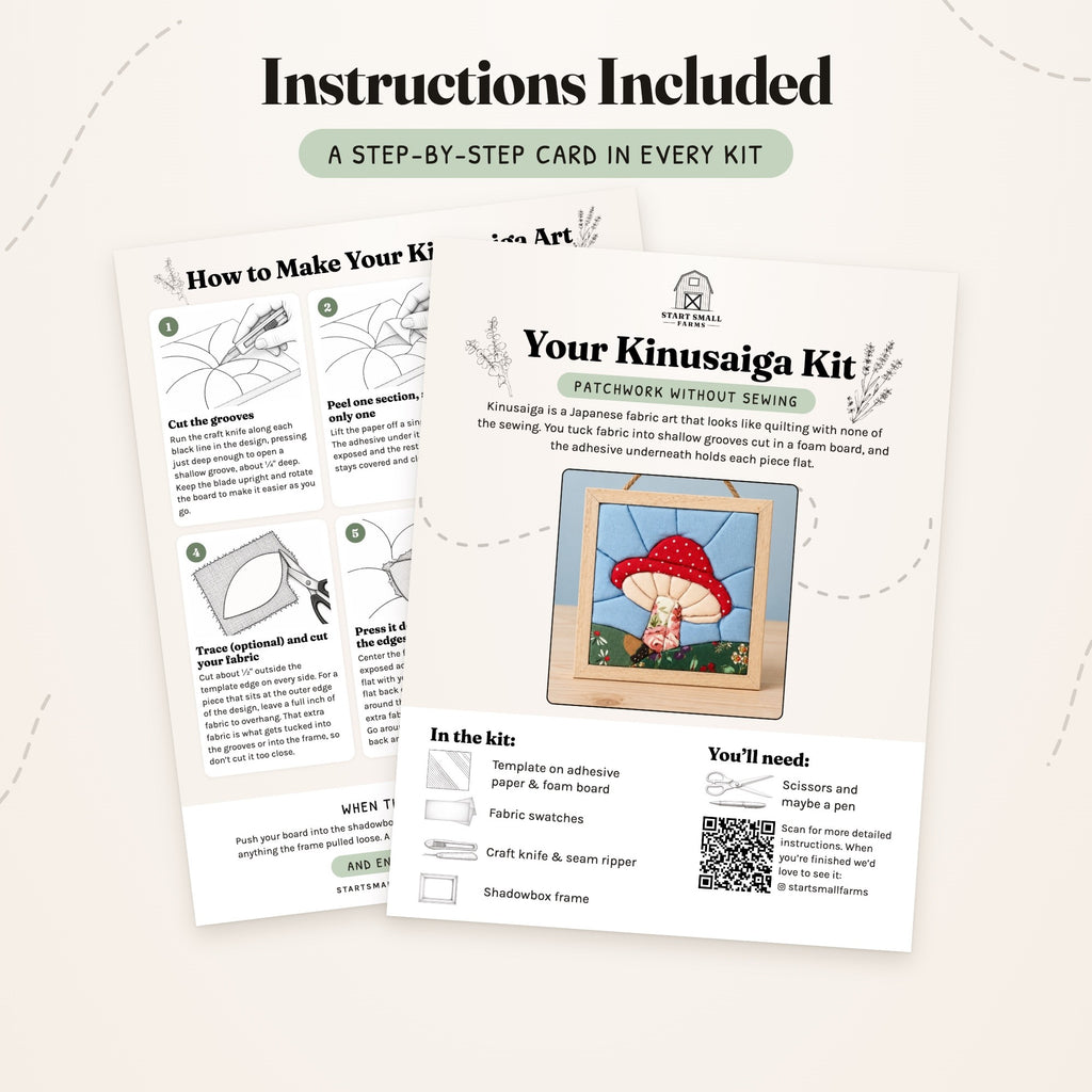 The step-by-step card that comes with the Mushroom kit, front and back: what's in the kit, what you'll need, and six illustrated steps.