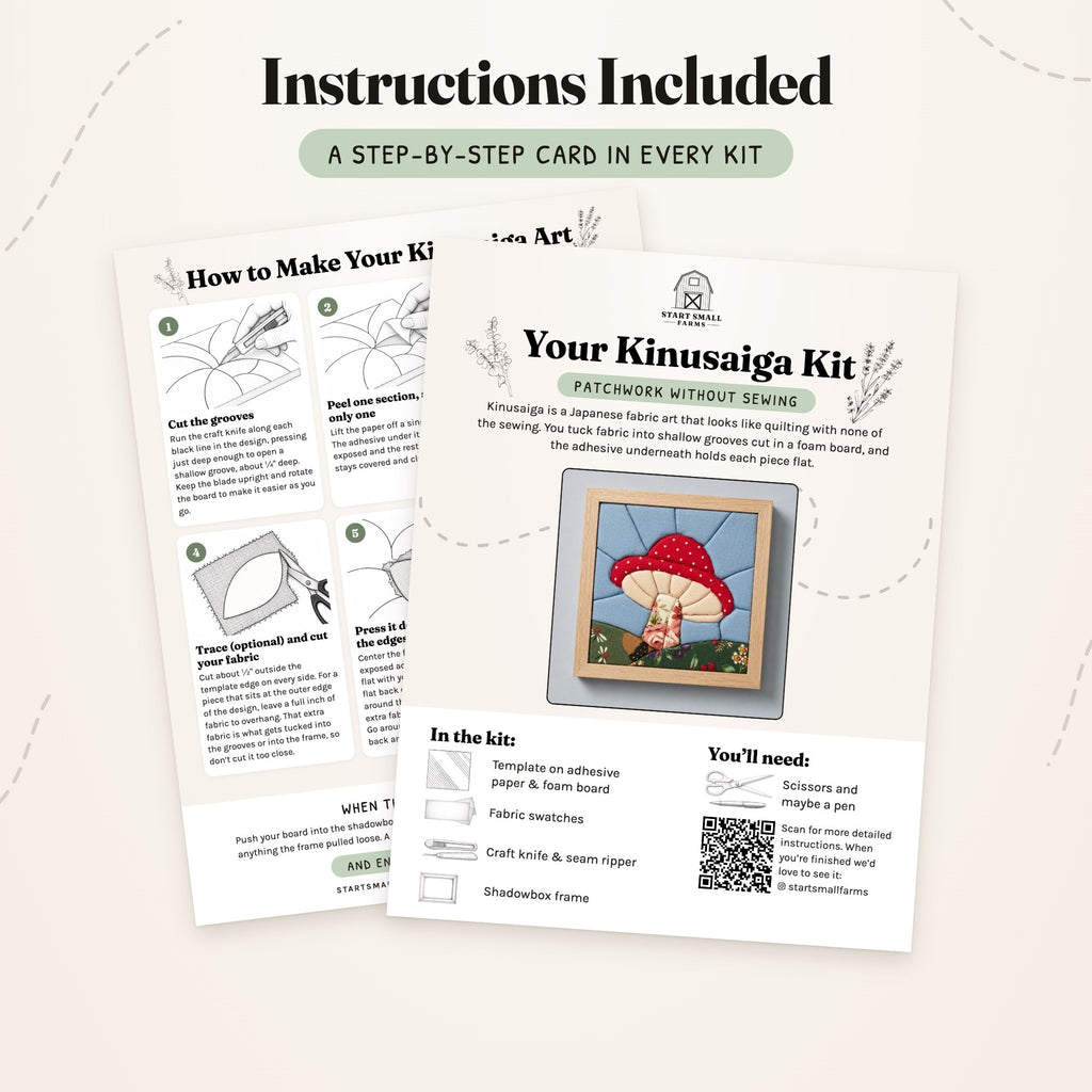 The step-by-step card that comes with the Mushroom kit, front and back: what's in the kit, what you'll need, and six illustrated steps.