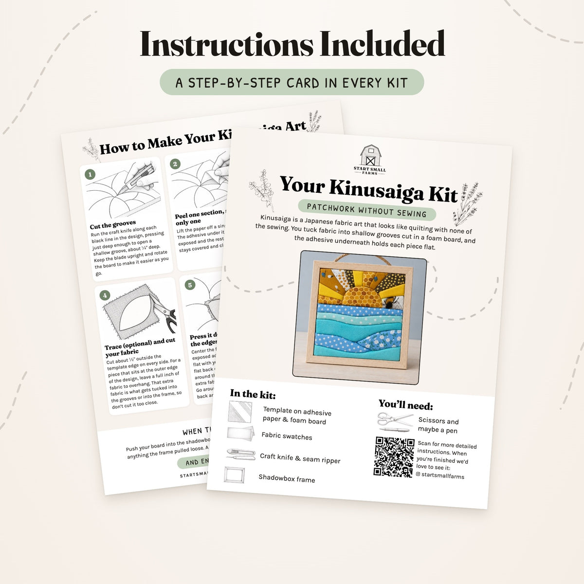 The step-by-step card that comes with the Sun kit, front and back: what's in the kit, what you'll need, and six illustrated steps.