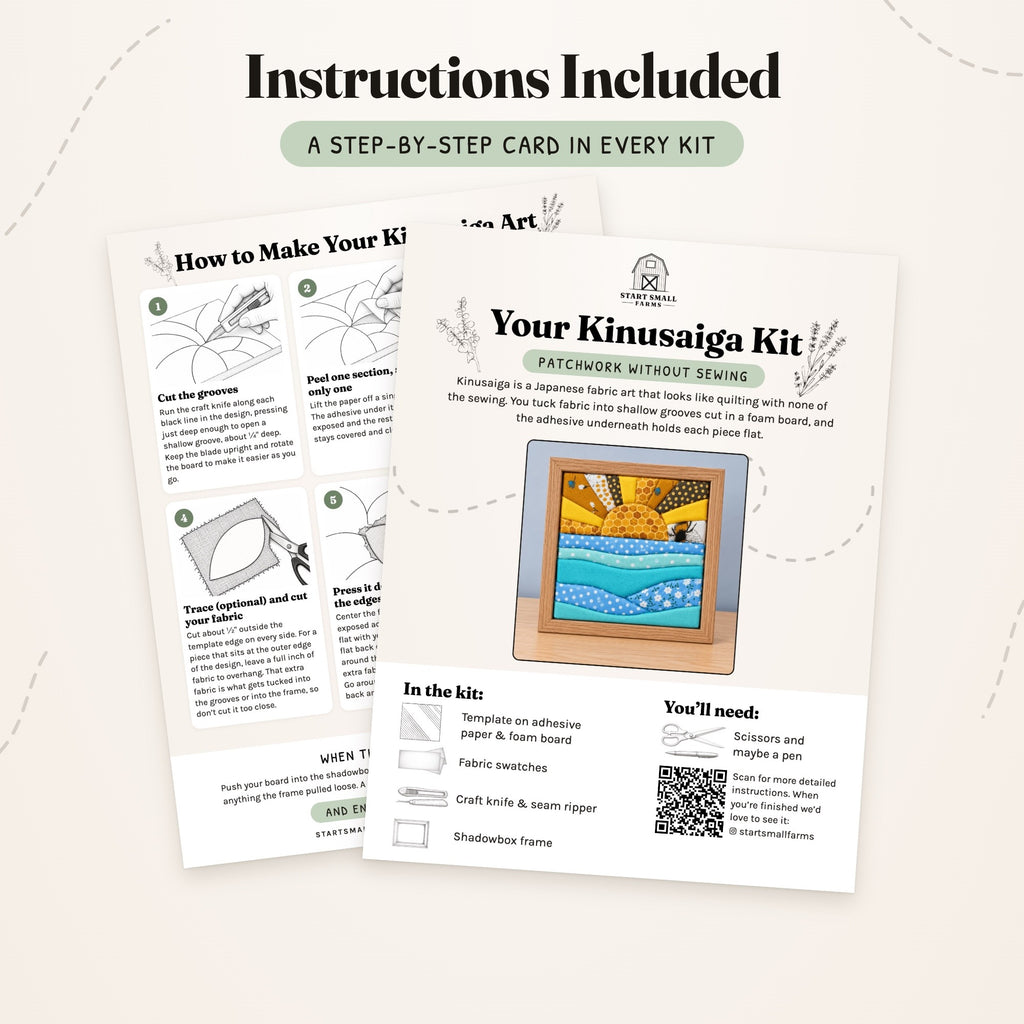 The step-by-step card that comes with the Sun kit, front and back: what's in the kit, what you'll need, and six illustrated steps.