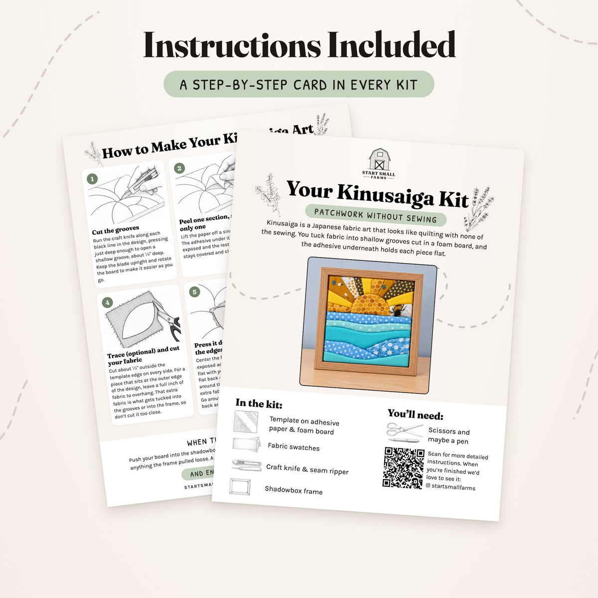 The step-by-step card that comes with the Sun kit, front and back: what's in the kit, what you'll need, and six illustrated steps.