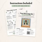 The step-by-step card that comes with the Winter Penguin kit, front and back: what's in the kit, what you'll need, and six illustrated steps.