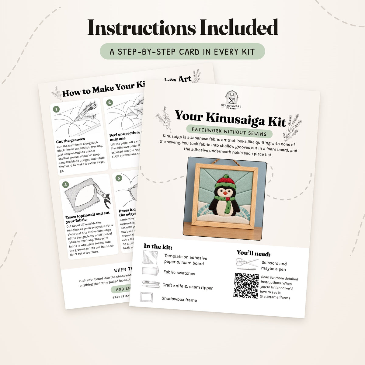 The step-by-step card that comes with the Winter Penguin kit, front and back: what's in the kit, what you'll need, and six illustrated steps.