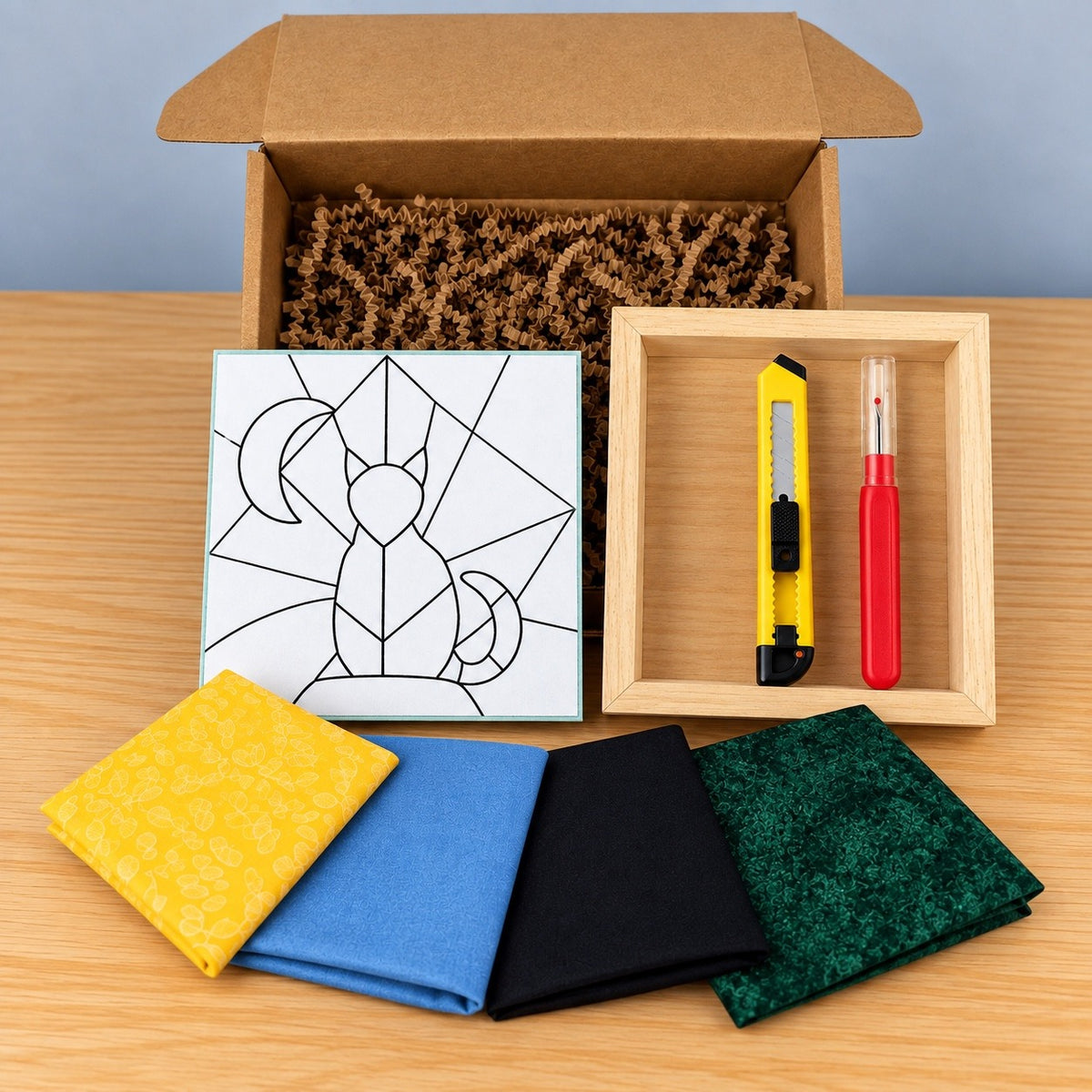 Everything in the kit on a wood table: the open kraft box with crinkle paper, the board printed with the cat and crescent moon outline, an empty natural wood shadowbox holding a yellow craft knife and a red seam ripper, and four fabric swatches in yellow, blue, black and dark green.