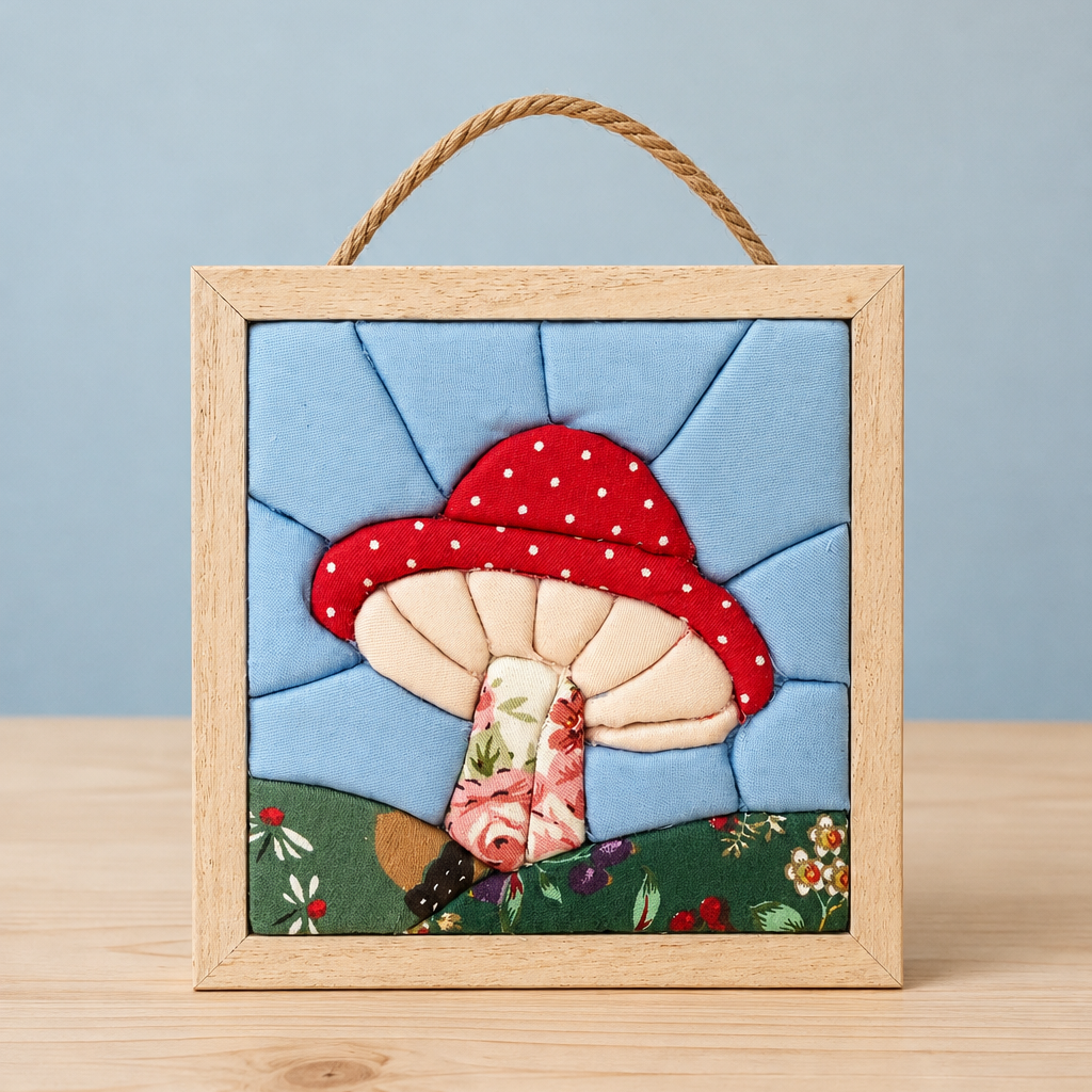 A square wooden-framed wall hanging featuring a quilted mushroom design with a red cap, cream gills, and a floral stem, set against a light blue background. The piece includes a rope handle at the top and is displayed on a light wood surface.