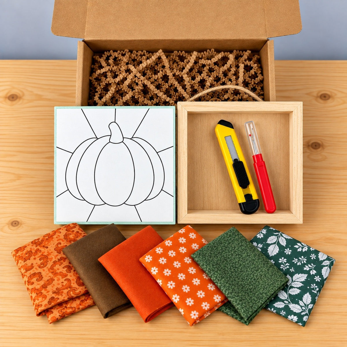 Everything in the kit on a wood table: the open kraft box with crinkle paper, the board printed with the pumpkin outline, an empty natural wood shadowbox with a twine hanger holding a yellow craft knife and a red seam ripper, and six fabric swatches in oranges, brown and greens.