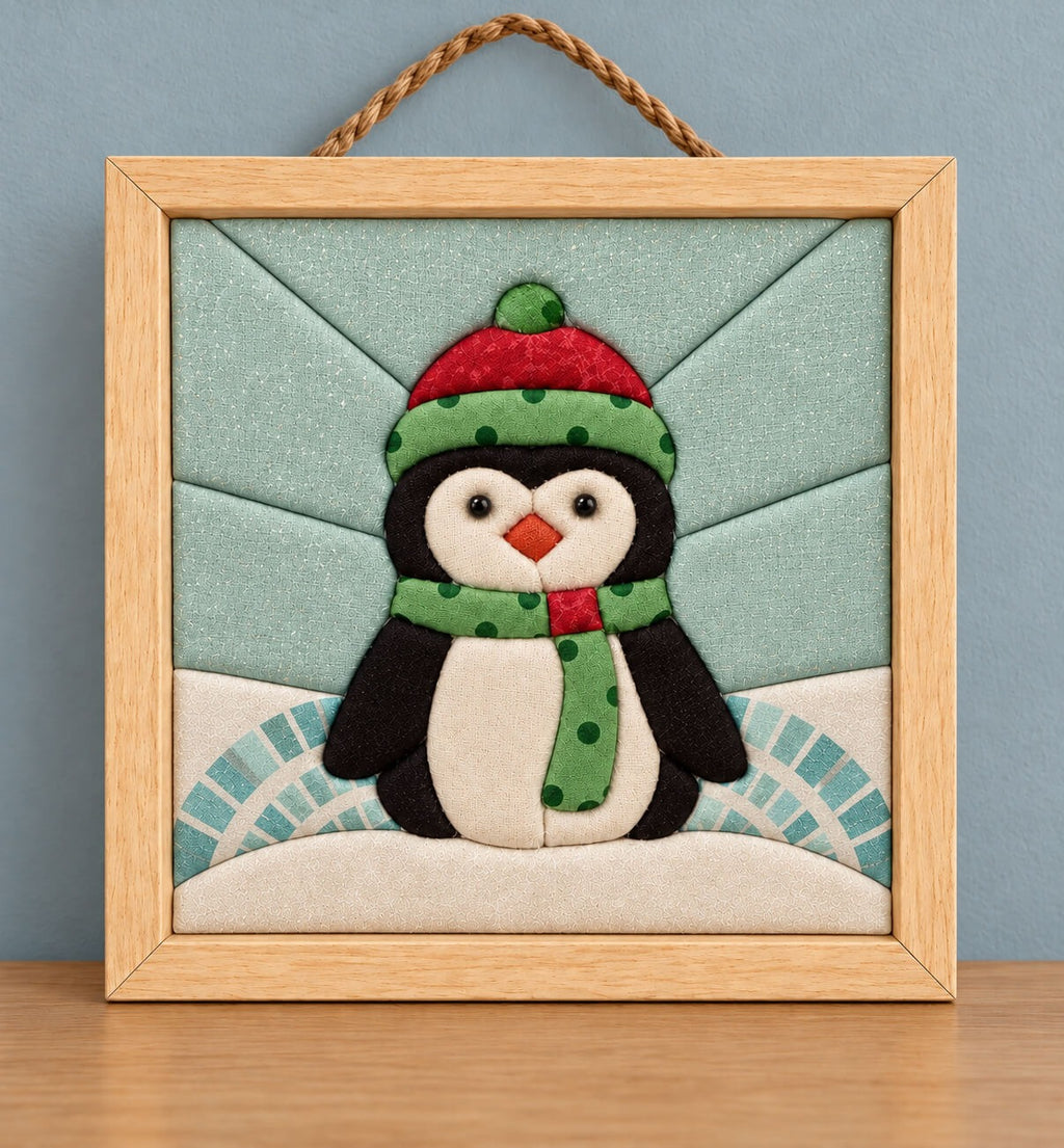 A small square kinusaiga wall hanging of a penguin in a natural wood frame with a rope hanger, against a blue-grey wall: a black and cream penguin with black glass eyes and an orange beak, wearing a red hat with a green polka dot brim and pompom and a matching green polka dot scarf, on a snowbank under a pale aqua sky pieced in wedges.