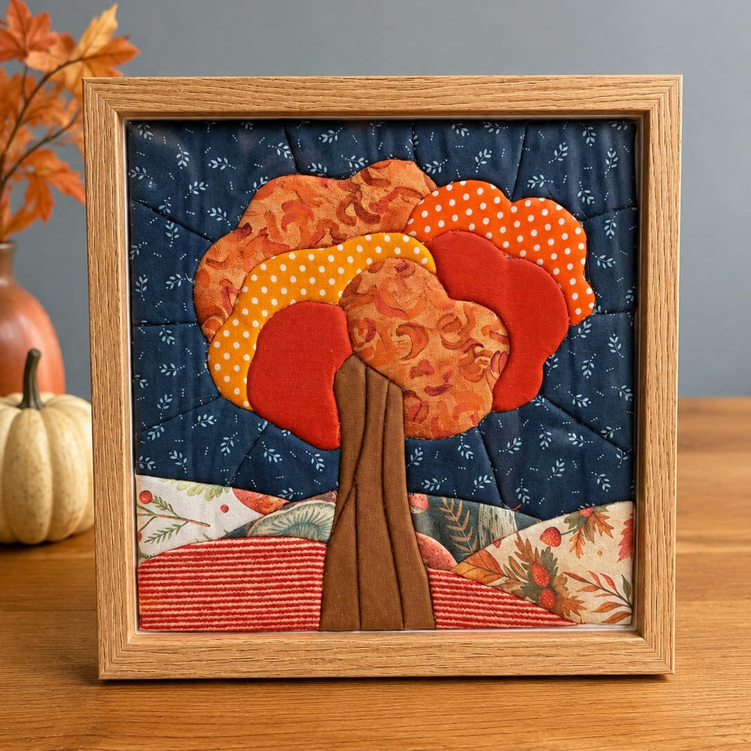 A square kinusaiga wall piece in a natural wood frame, standing on a table beside a white pumpkin and a vase of orange leaves: a tree with a brown trunk and a canopy of orange, red and yellow fabric, against a navy sky, over rolling hills of red stripe and autumn botanical prints.