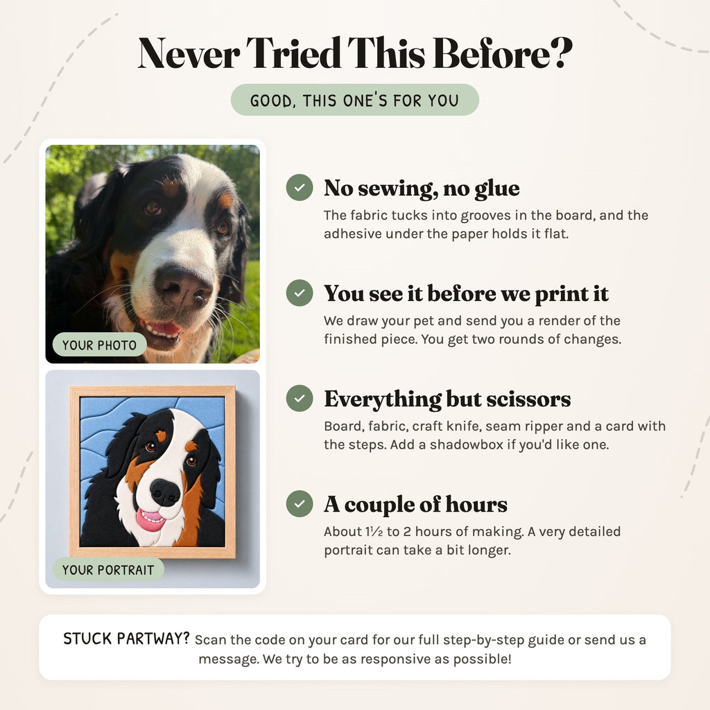 Never tried this before? No sewing or glue, we send a render of your pet to approve before anything is printed, everything but scissors is in the box, and about 1½ to 2 hours of making.
