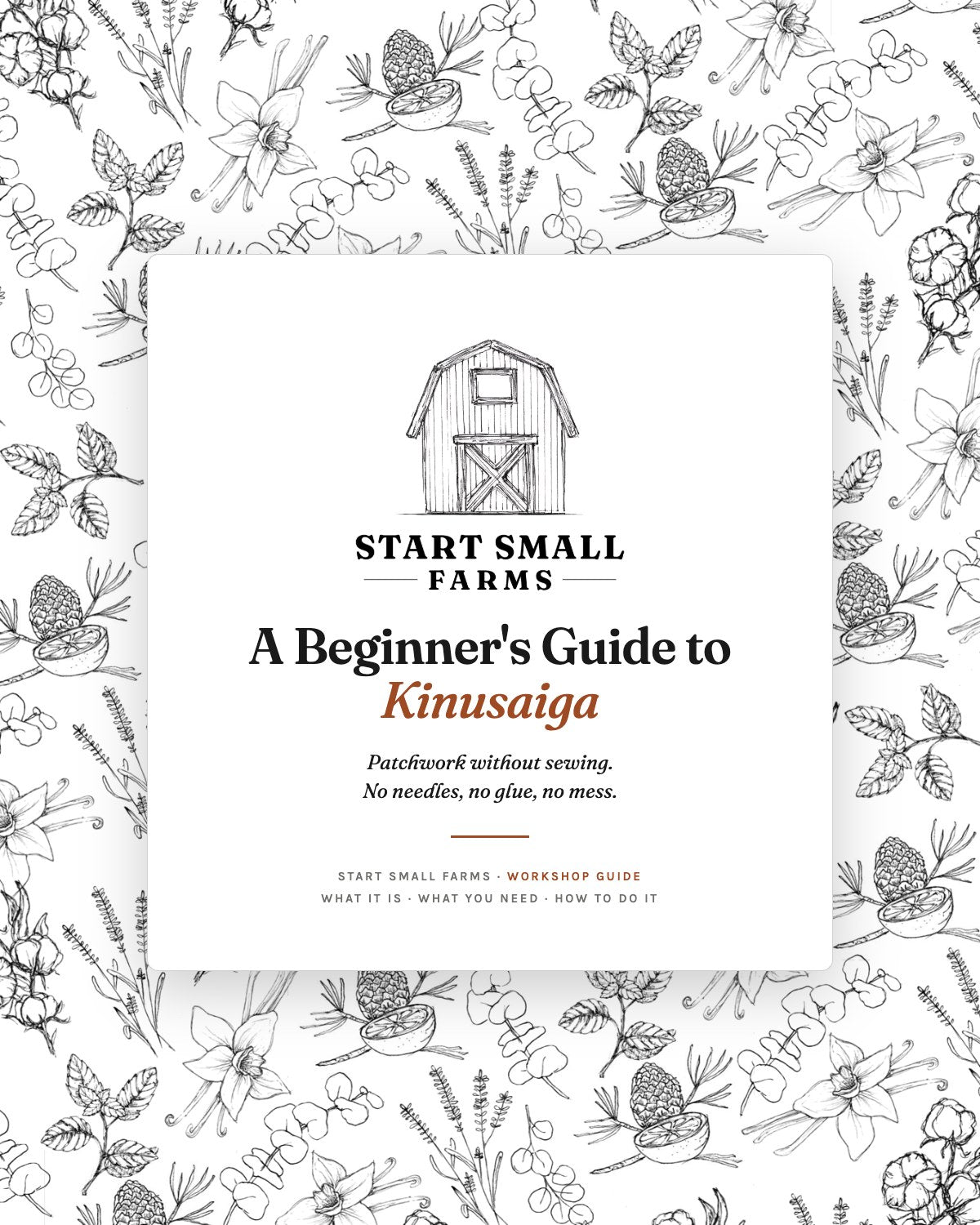 Cover of A Beginner's Guide to Kinusaiga by Start Small Farms, a sketched barn logo on a white card over a black-and-white botanical paper pattern.