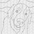 The line-art template drawn from the same photo: Maggie's outline broken into the shapes you cut and fill with fabric, shown under a repeating 'START SMALL FARMS' copyright watermark.