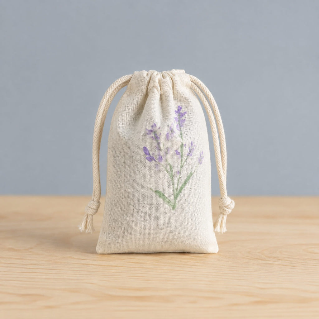 A linen drawstring sachet hand-painted with a sprig of lavender