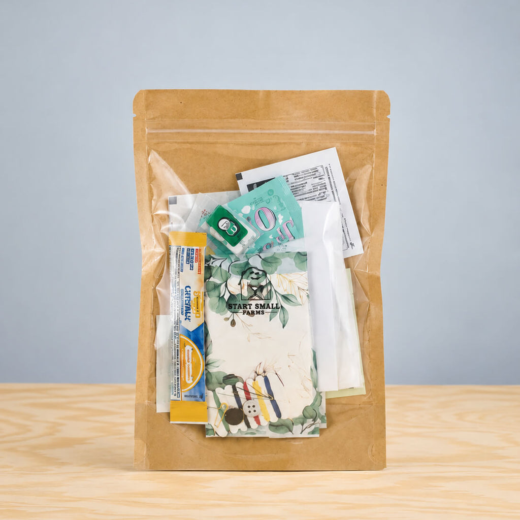 A clear plastic zip pouch filled with assorted travel-sized toiletries and documents, standing on a light wood surface against a pale blue-gray background.