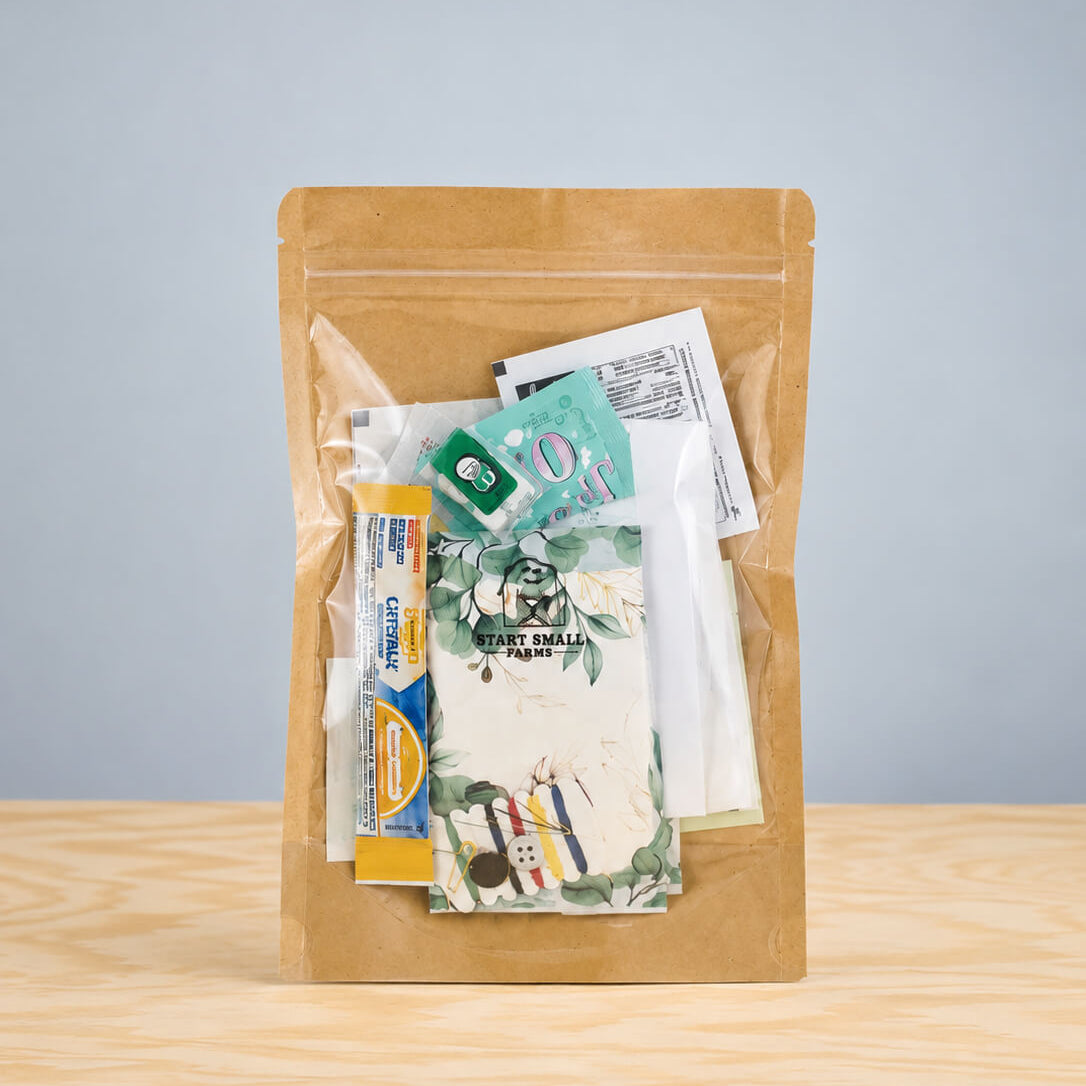 A clear plastic zip pouch filled with assorted travel-sized toiletries and documents, standing on a light wood surface against a pale blue-gray background.