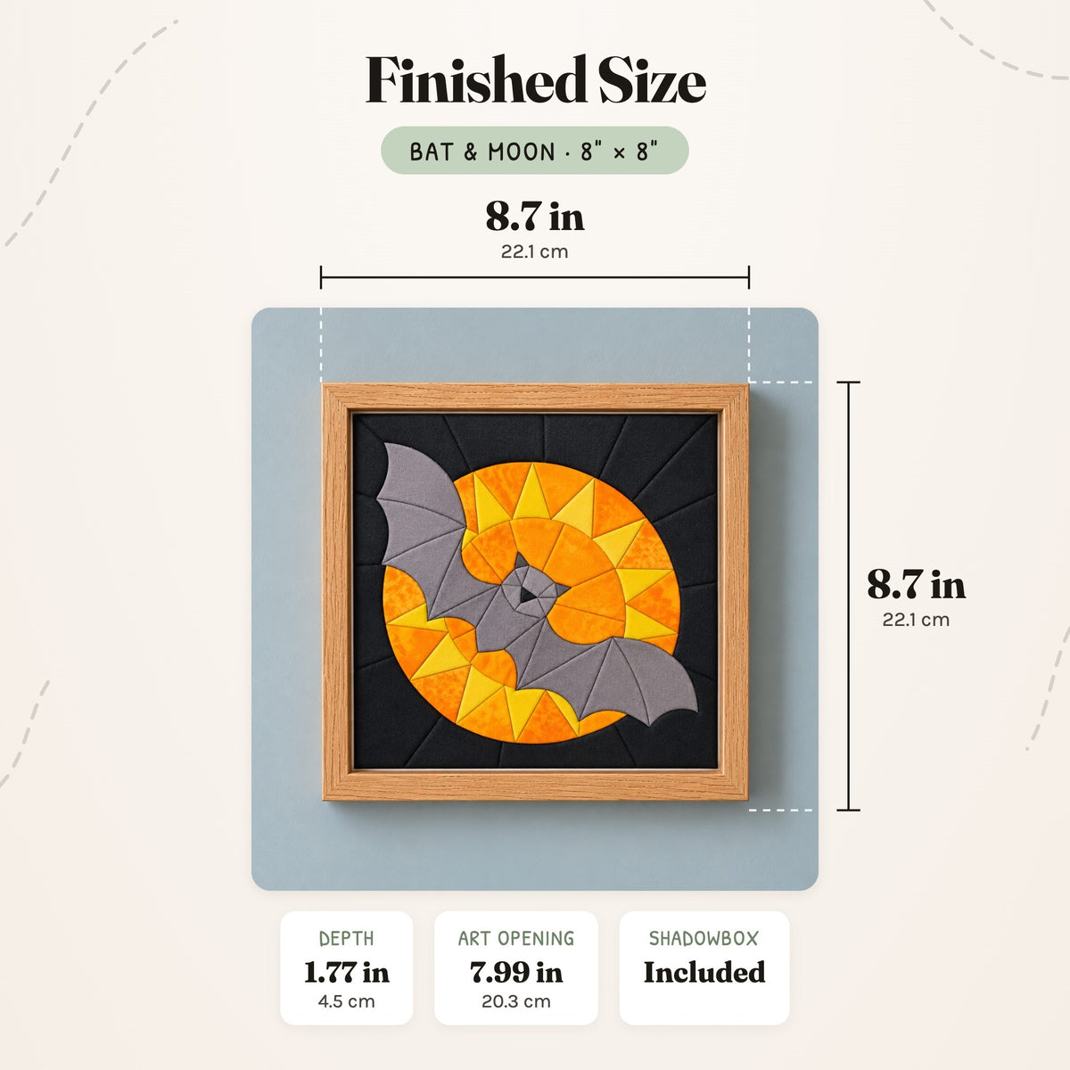 Size guide for the Bat & Moon 8 inch kit: the finished piece in its frame measures 8.7 in (22.1 cm) wide and tall and 1.77 in (4.5 cm) deep, with a 7.99 in (20.3 cm) art opening.