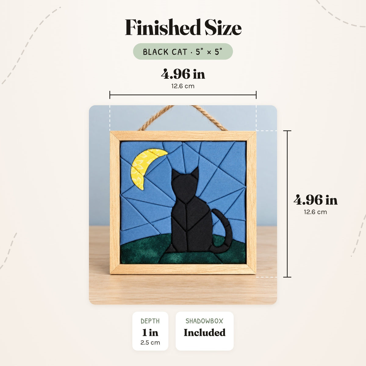 Size guide for the Black Cat 5 inch kit: the finished piece in its natural wood shadowbox measures 4.96 in (12.6 cm) wide and tall and 1 in (2.5 cm) deep.