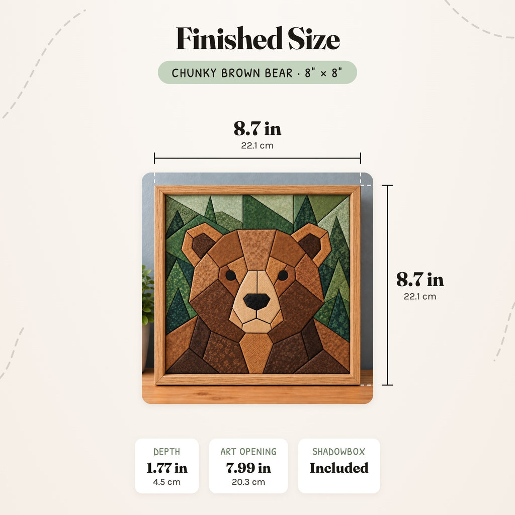 Size guide for the Chunky Brown Bear 8 inch kit: the finished piece in its frame measures 8.7 in (22.1 cm) wide and tall and 1.77 in (4.5 cm) deep, with a 7.99 in (20.3 cm) art opening.