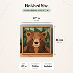 Size guide for the Chunky Brown Bear 8 inch kit: the finished piece in its frame measures 8.7 in (22.1 cm) wide and tall and 1.77 in (4.5 cm) deep, with a 7.99 in (20.3 cm) art opening.