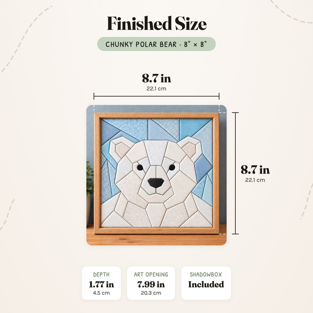 Size guide for the Chunky Polar Bear 8 inch kit: the finished piece in its frame measures 8.7 in (22.1 cm) wide and tall and 1.77 in (4.5 cm) deep, with a 7.99 in (20.3 cm) art opening.
