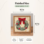 Size guide for the Holiday Wreath 8 inch kit: the finished piece in its frame measures 8.7 in (22.1 cm) wide and tall and 1.77 in (4.5 cm) deep, with a 7.99 in (20.3 cm) art opening.