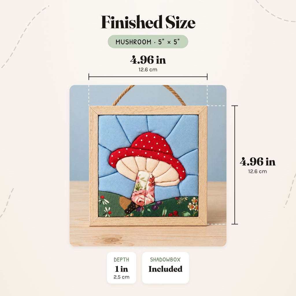 Size guide for the Mushroom 5 inch kit: the finished piece in its natural wood shadowbox measures 4.96 in (12.6 cm) wide and tall and 1 in (2.5 cm) deep.