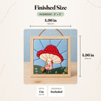 Size guide for the Mushroom 5 inch kit: the finished piece in its natural wood shadowbox measures 4.96 in (12.6 cm) wide and tall and 1 in (2.5 cm) deep.