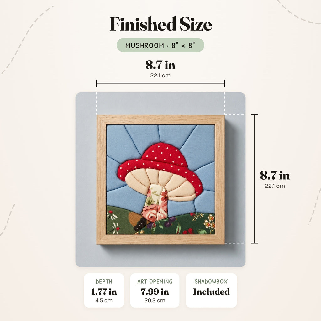 Size guide for the Mushroom 8 inch kit: the finished piece in its frame measures 8.7 in (22.1 cm) wide and tall and 1.77 in (4.5 cm) deep, with a 7.99 in (20.3 cm) art opening.