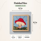 Size guide for the Mushroom 8 inch kit: the finished piece in its frame measures 8.7 in (22.1 cm) wide and tall and 1.77 in (4.5 cm) deep, with a 7.99 in (20.3 cm) art opening.