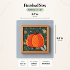 Size guide for the Pumpkin 8 inch kit: the finished piece in its frame measures 8.7 in (22.1 cm) wide and tall and 1.77 in (4.5 cm) deep, with a 7.99 in (20.3 cm) art opening.