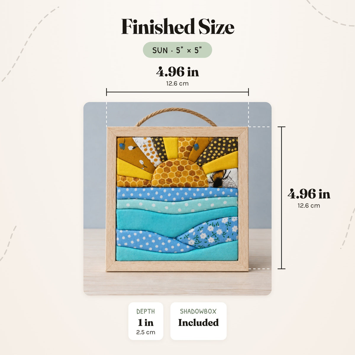 Size guide for the Sun 5 inch kit: the finished piece in its natural wood shadowbox measures 4.96 in (12.6 cm) wide and tall and 1 in (2.5 cm) deep.