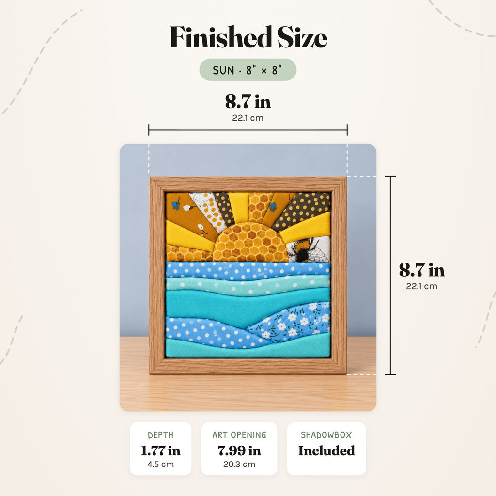 Size guide for the Sun 8 inch kit: the finished piece in its frame measures 8.7 in (22.1 cm) wide and tall and 1.77 in (4.5 cm) deep, with a 7.99 in (20.3 cm) art opening.