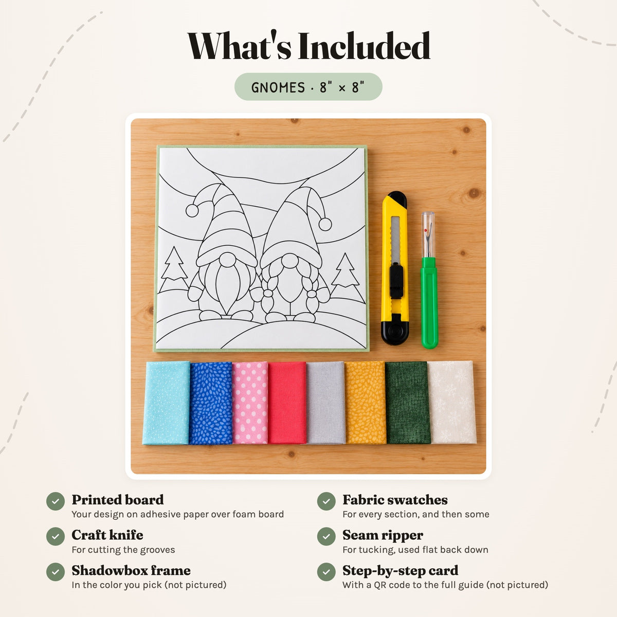 What's included in the Gnomes kit, laid out on a wood table: the printed board, fabric swatches, a craft knife and a seam ripper. The shadowbox frame and the step-by-step card are not pictured.