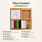 What's included in the Winter Penguin kit, laid out on a wood table: the printed penguin board, six fabric swatches in aqua, red, green polka dot, black, cream and pale blue, a craft knife, a seam ripper, four black glass pin eyes and the natural wood shadowbox. The step-by-step card is not pictured.