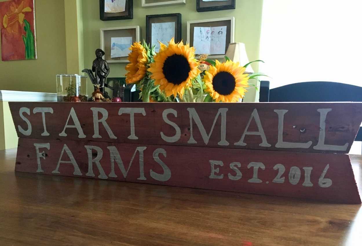 The original weathered Start Small Farms sign painted on scrap wood.